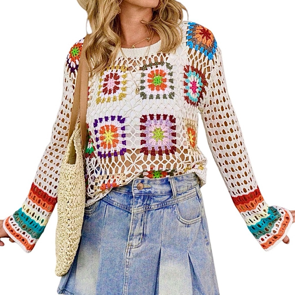 Crochet Open Weave Multicolor Square Motif Women's Top